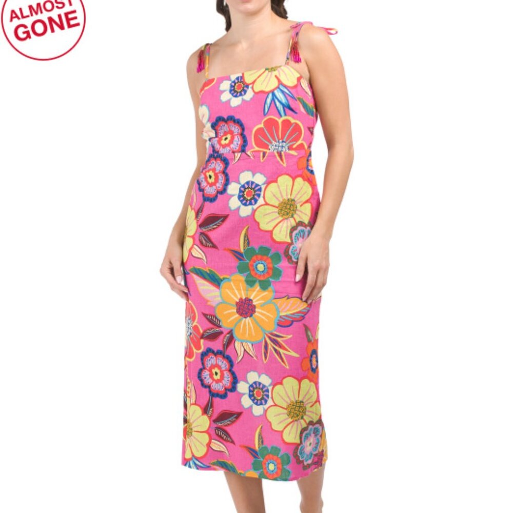 MAISON D'AMELIE Linen Floral Printed Midi Dress With Beaded Tassels